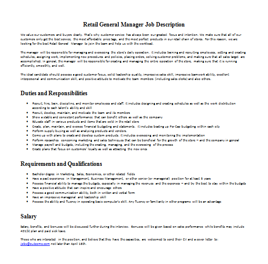 Retail General Manager Job Description