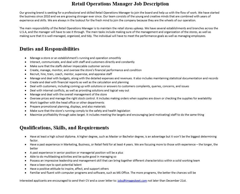 Retail Operations Manager Job Description