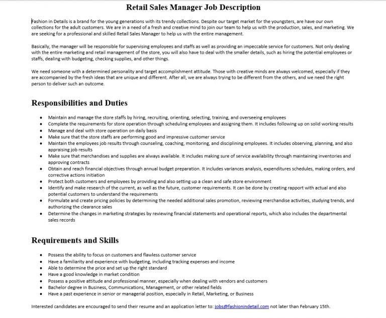  Retail Sales Manager Job Description Mous Syusa