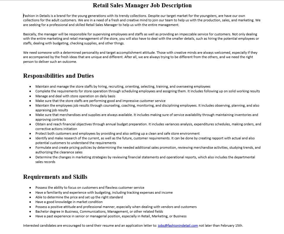 Retail Sales Manager Job Description