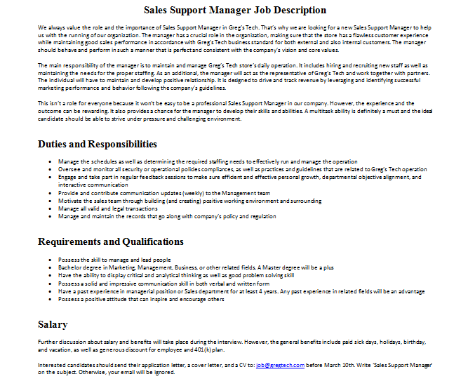 Sales Support Manager Job Description