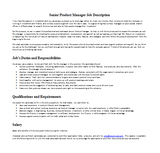 Senior Product Manager Job Description