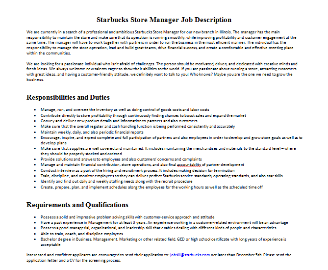Starbucks Store Manager Job Description