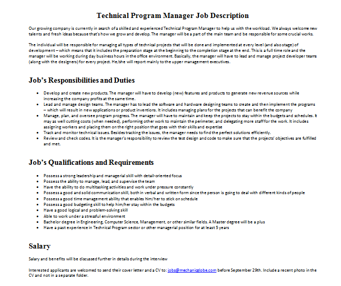 Job description manager technical services
