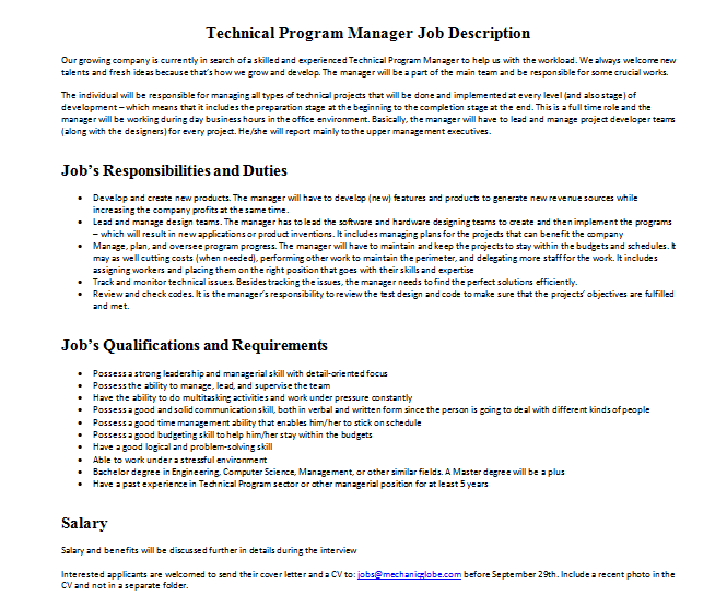 Technical Program Manager Job Description