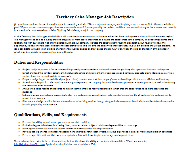 Territory Sales Manager Job Description
