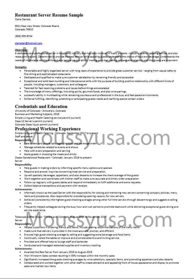 Restaurant Server Resume Sample and Job Description