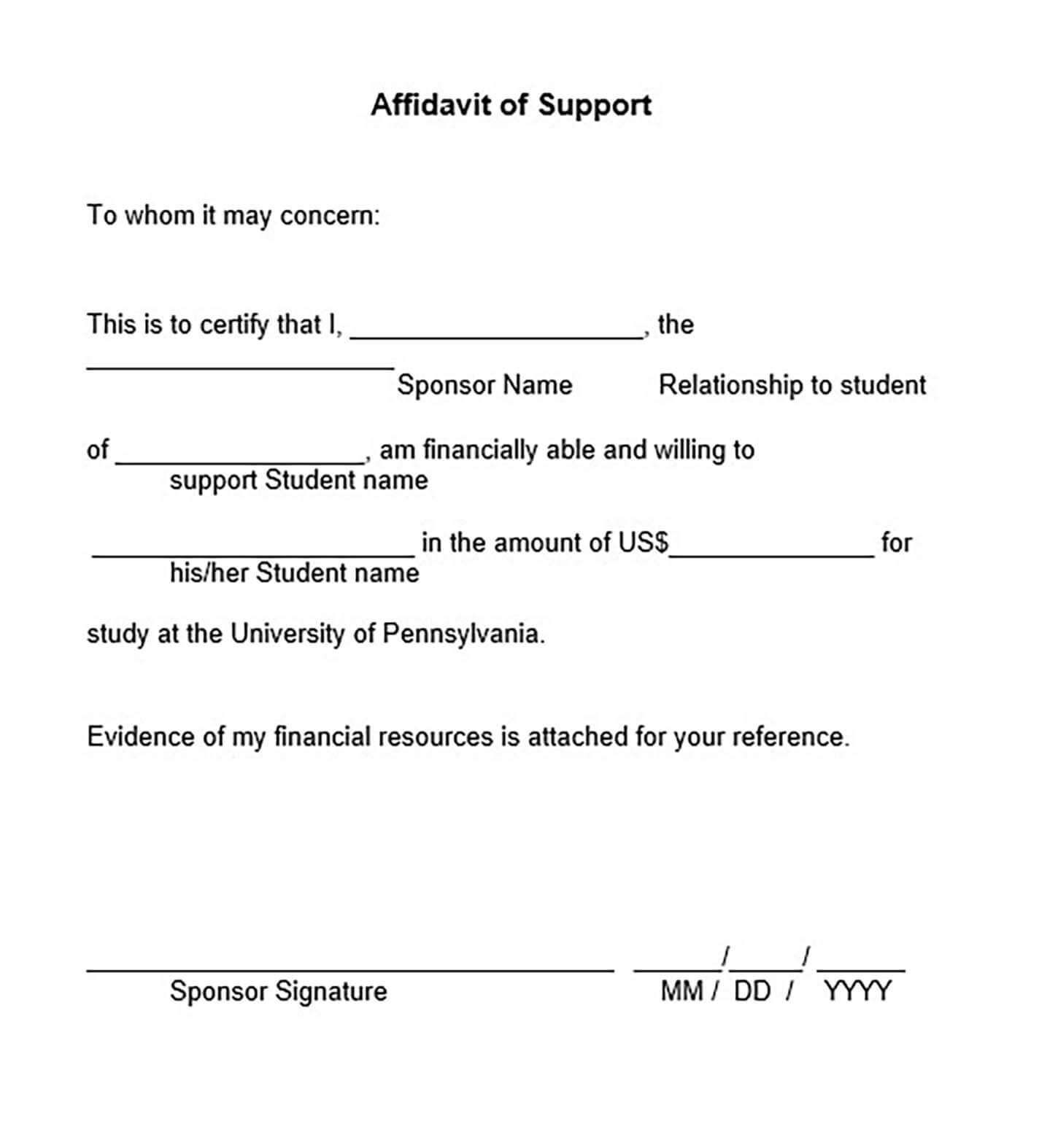 Affidavit of Financial Support Letter