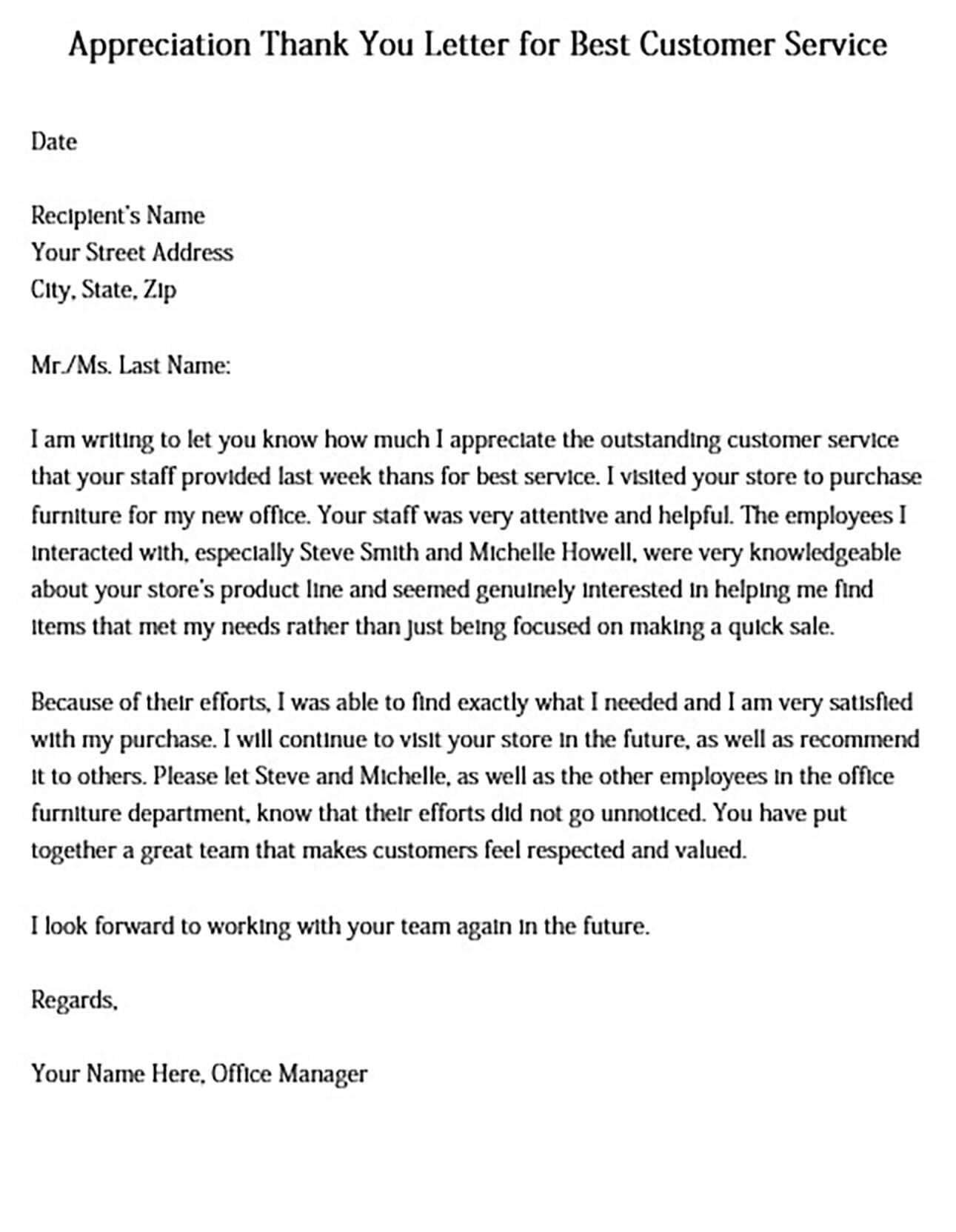 Appreciation Thank You Letter for Best Customer Service