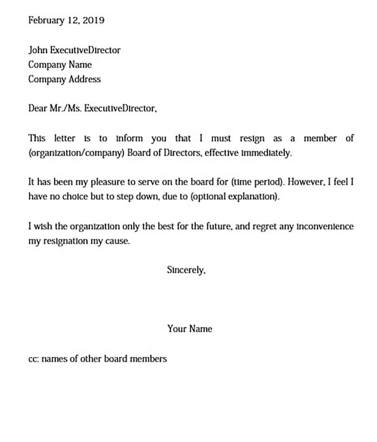 Board of Directors Resignation Letter