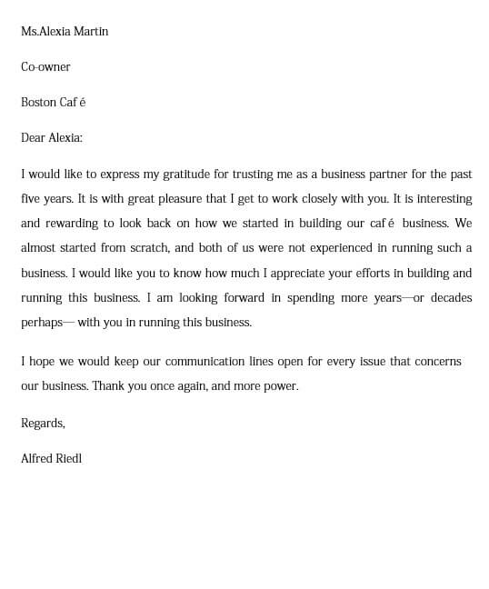 Business Partner Appreciation Letter