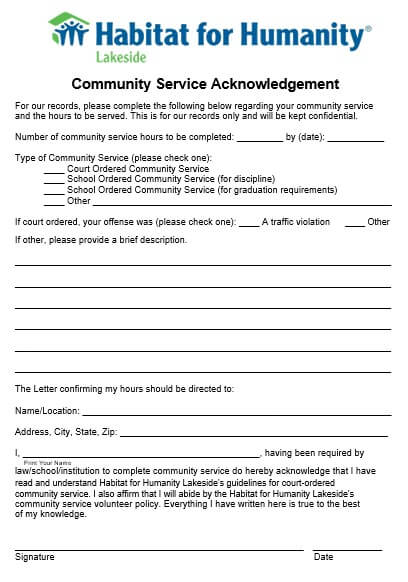 Community Service Acknowledgment Form