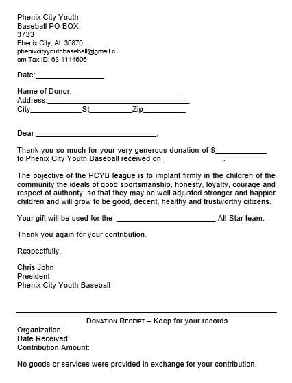 Donation Thank You Letter From Baseball