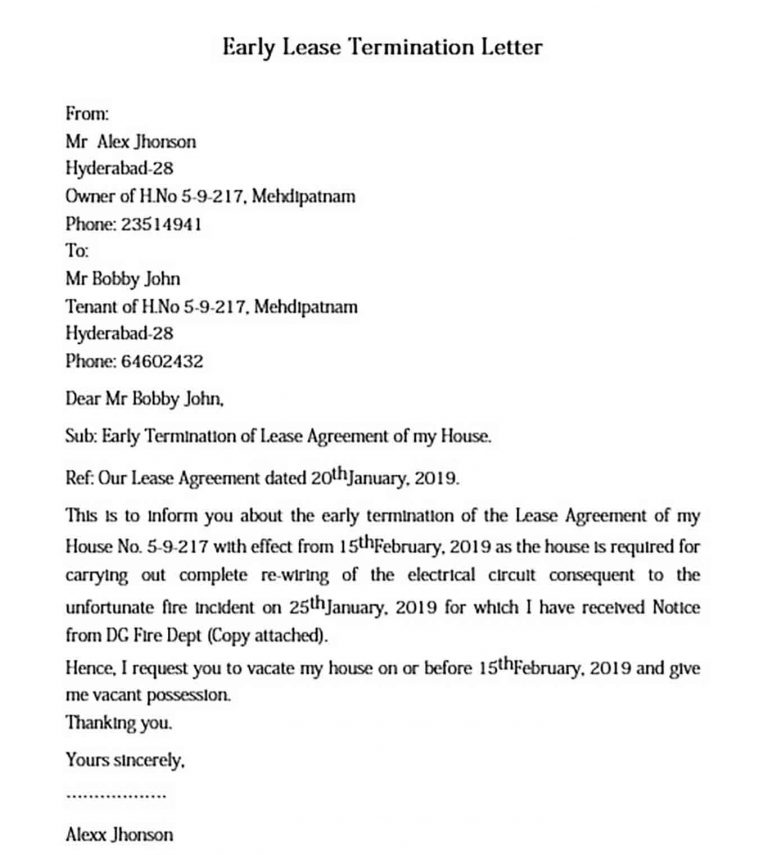 Sample Letter Early Termination Lease Agreement