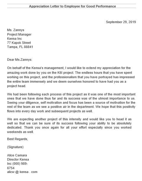 Employee Achievement Appreciation Letter