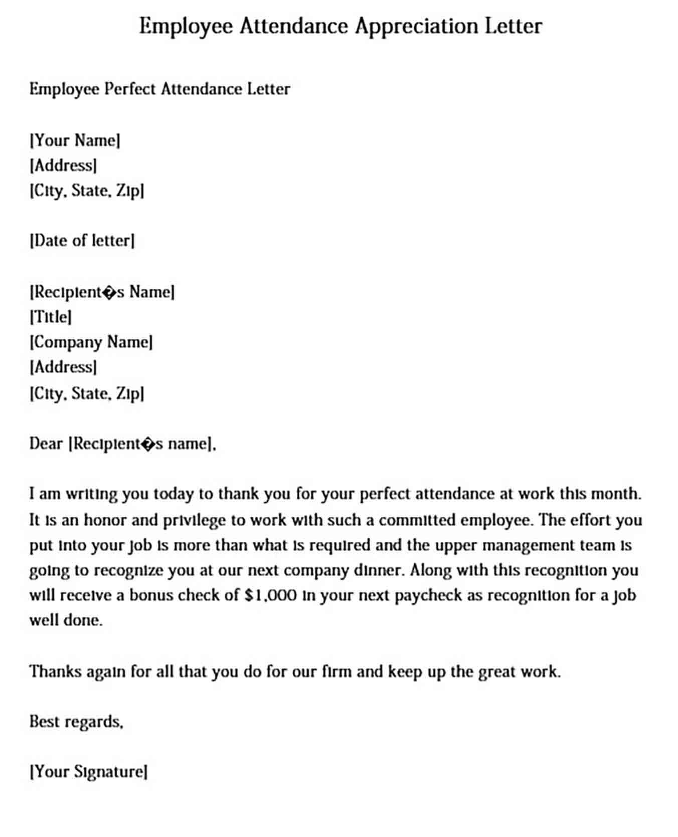 Employee Attendance Appreciation Letter