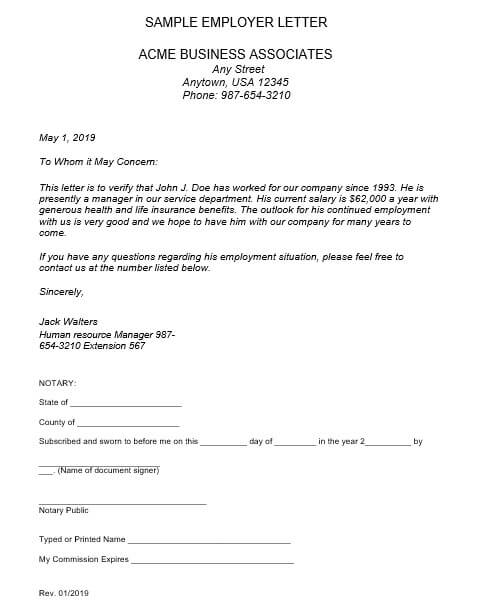 Employment Verification Letter Example