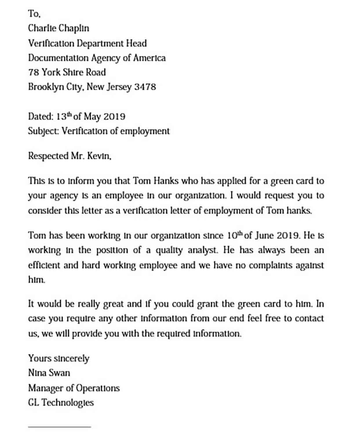 Employment Verification Letter Semplate