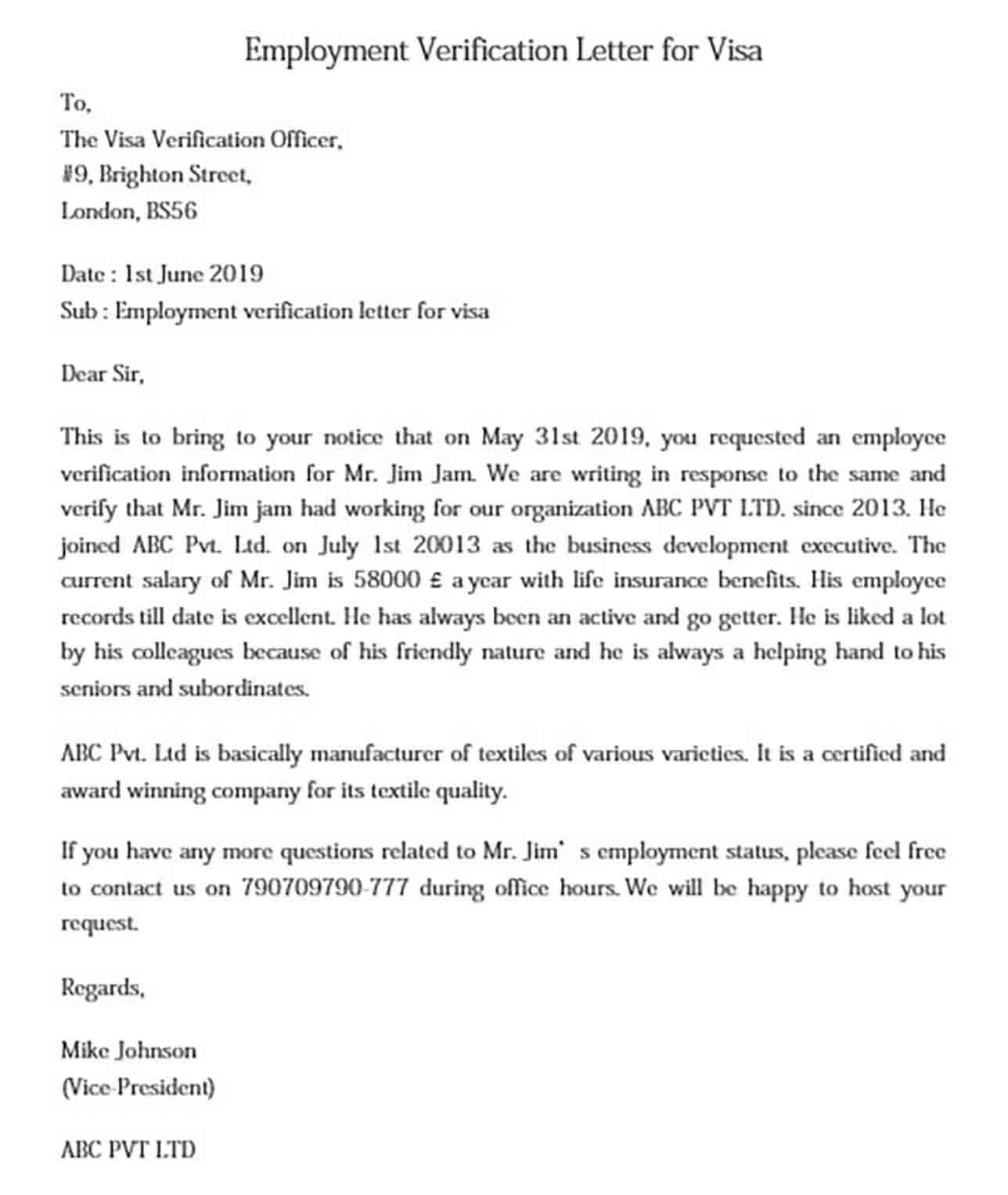 Employment Verification Letter for Visa