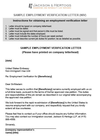 Employment Verification Letter for immigration in