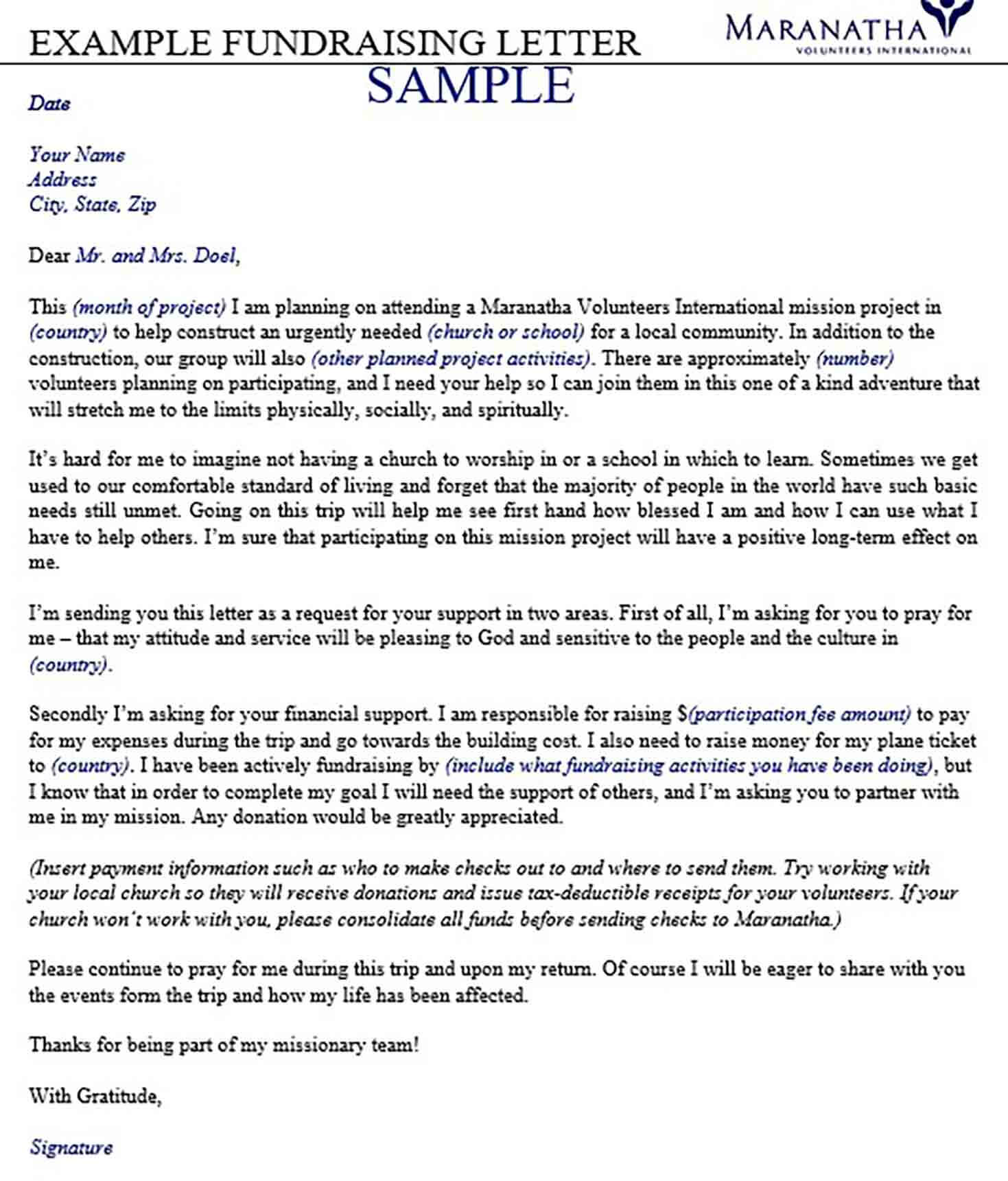 Example of Fundraising Letter