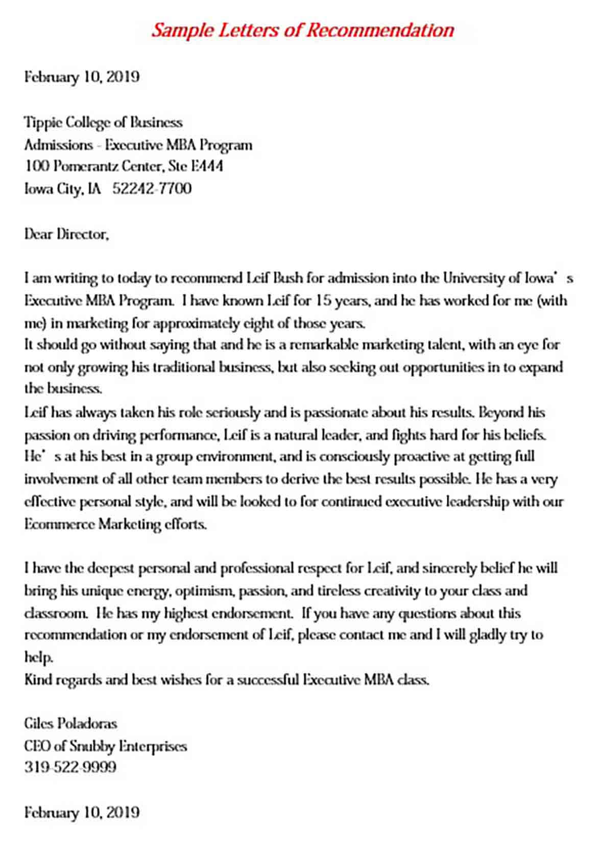 Sample Letter Of Recommendation For Mba Program