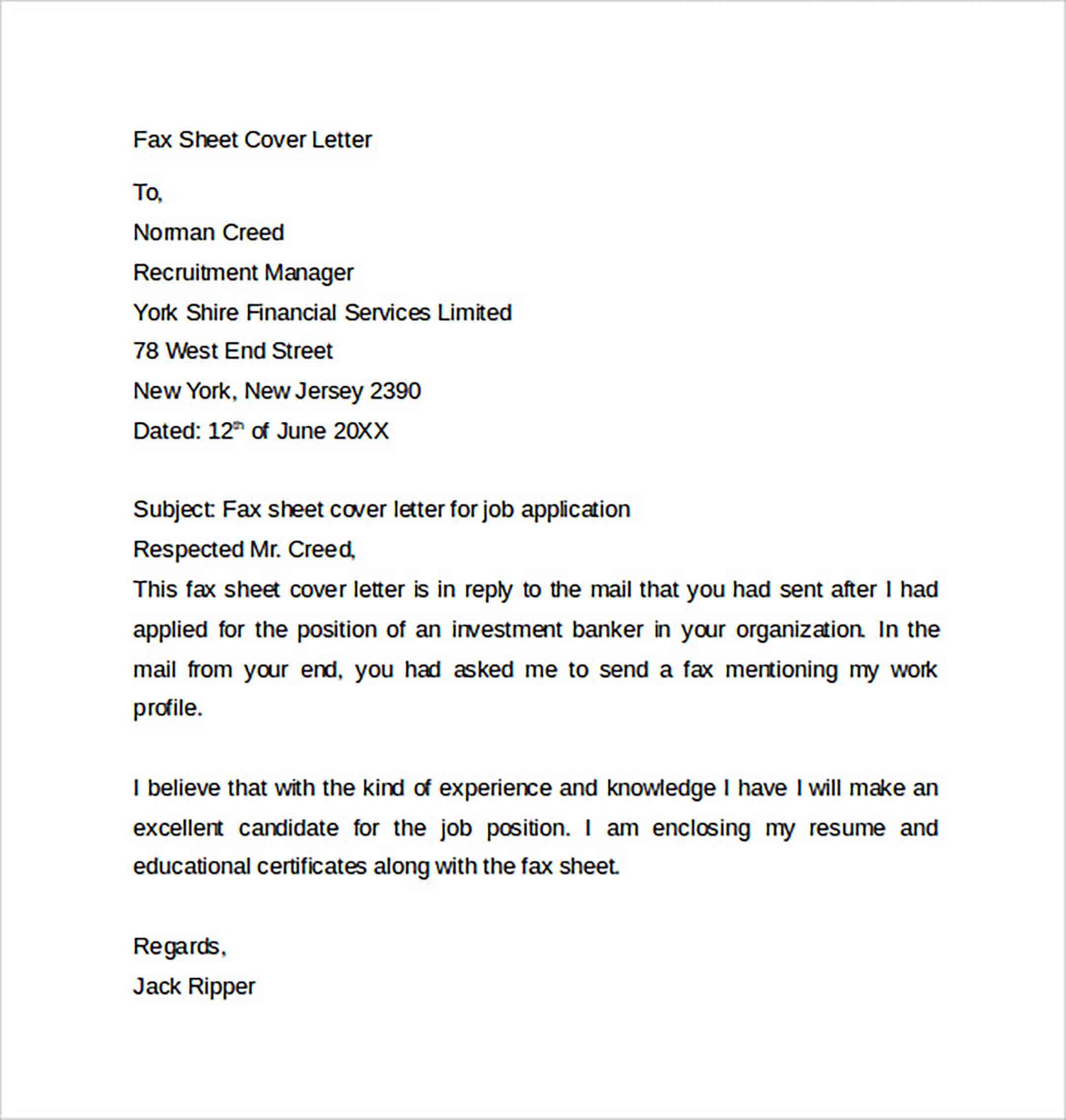 Fax Sheet Cover Letter