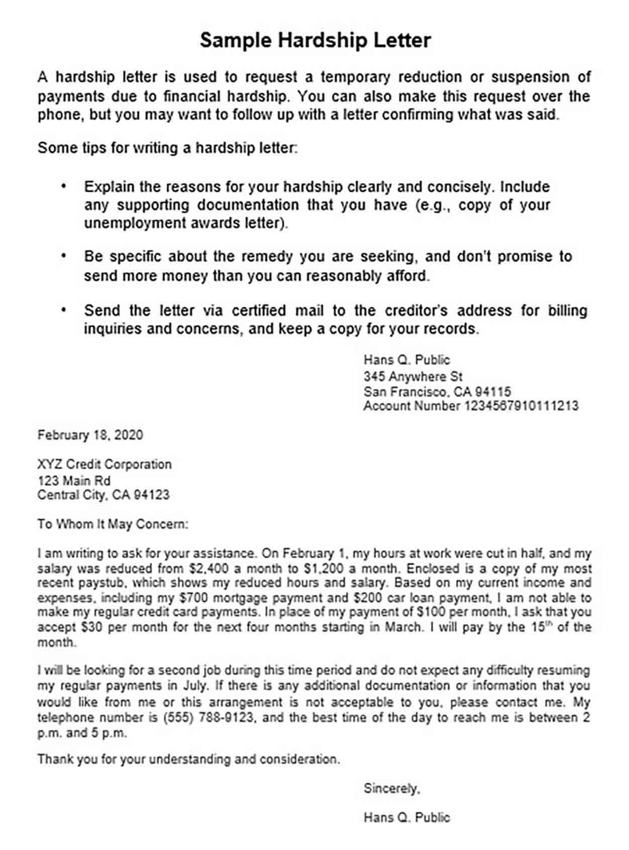 Financial Assistance Hardship Letter