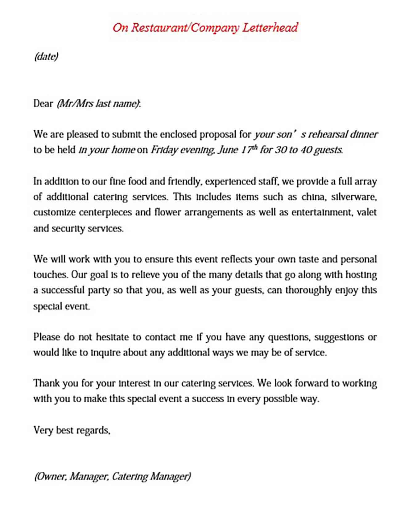 catering business proposal letter