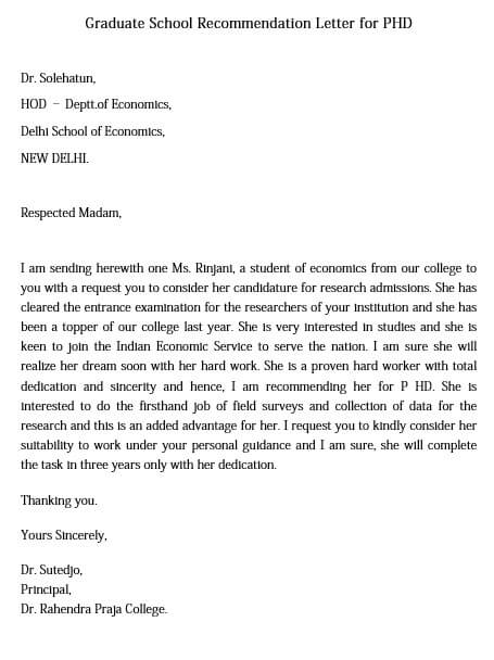 Graduate School Recommendation Letter for PHD