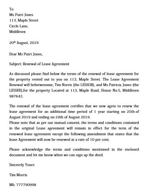Lease Renewal Agreement Letter