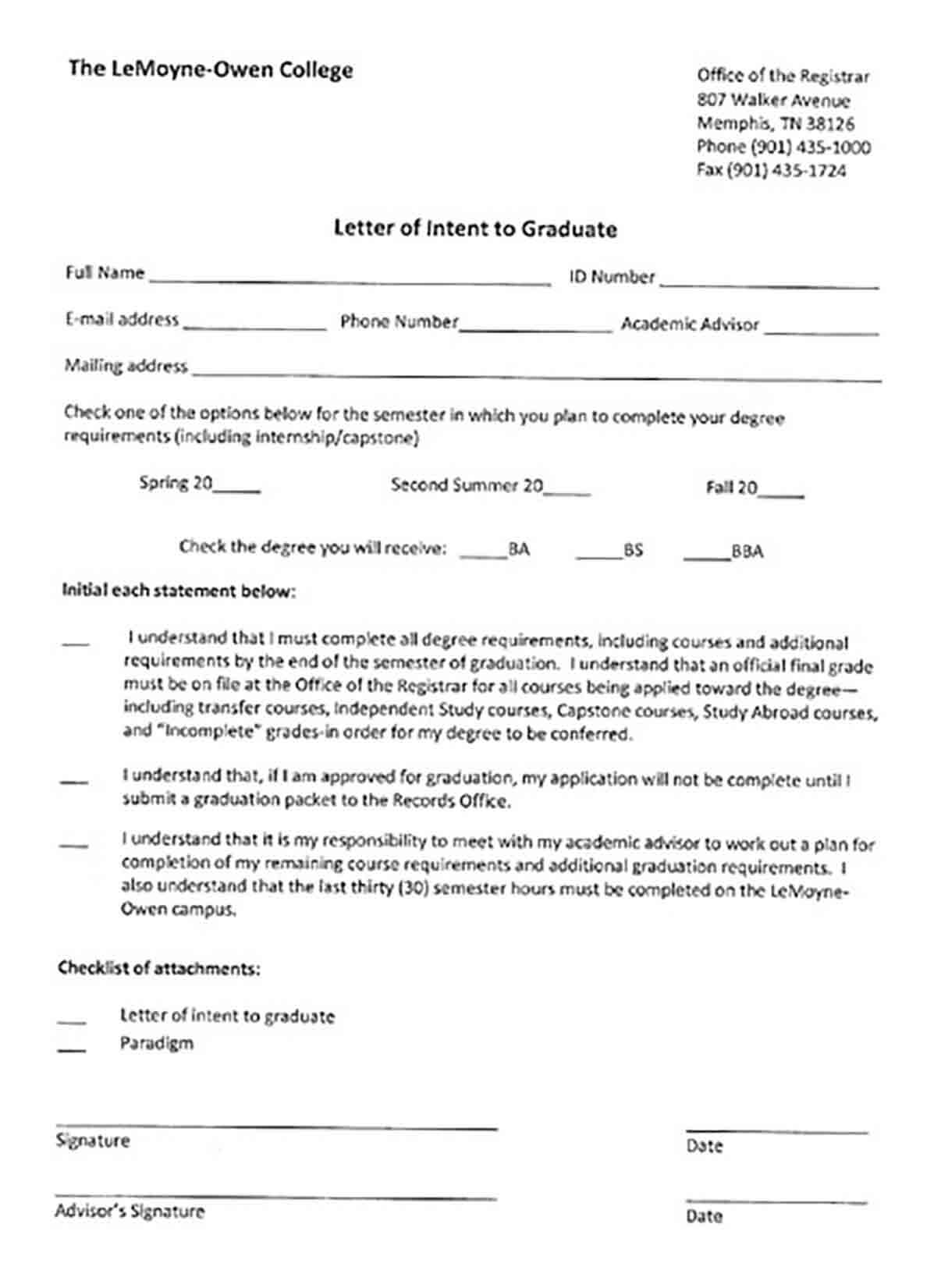 Letter of Intent For Graduate School