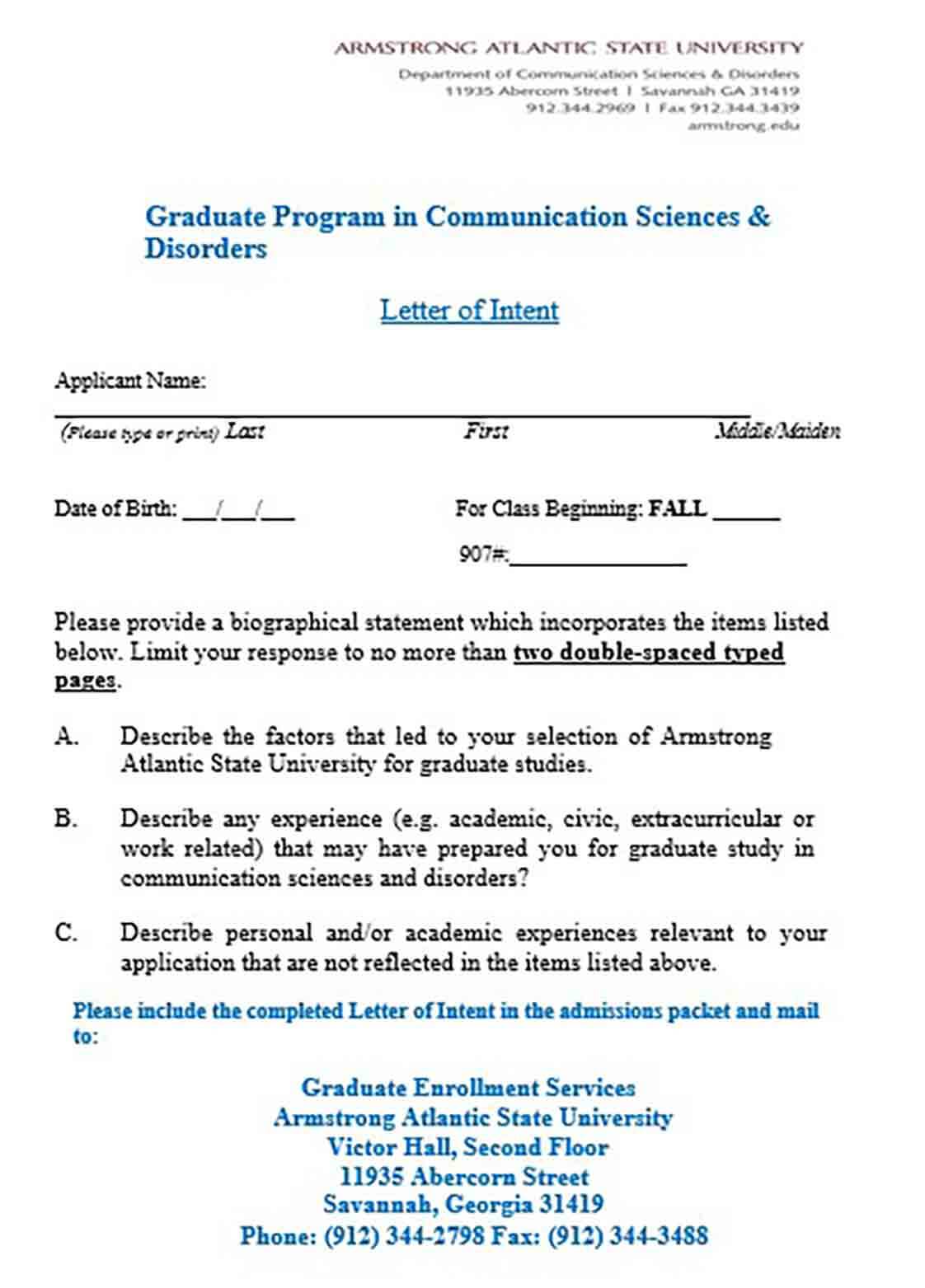 Letter of Intent Graduate School Science