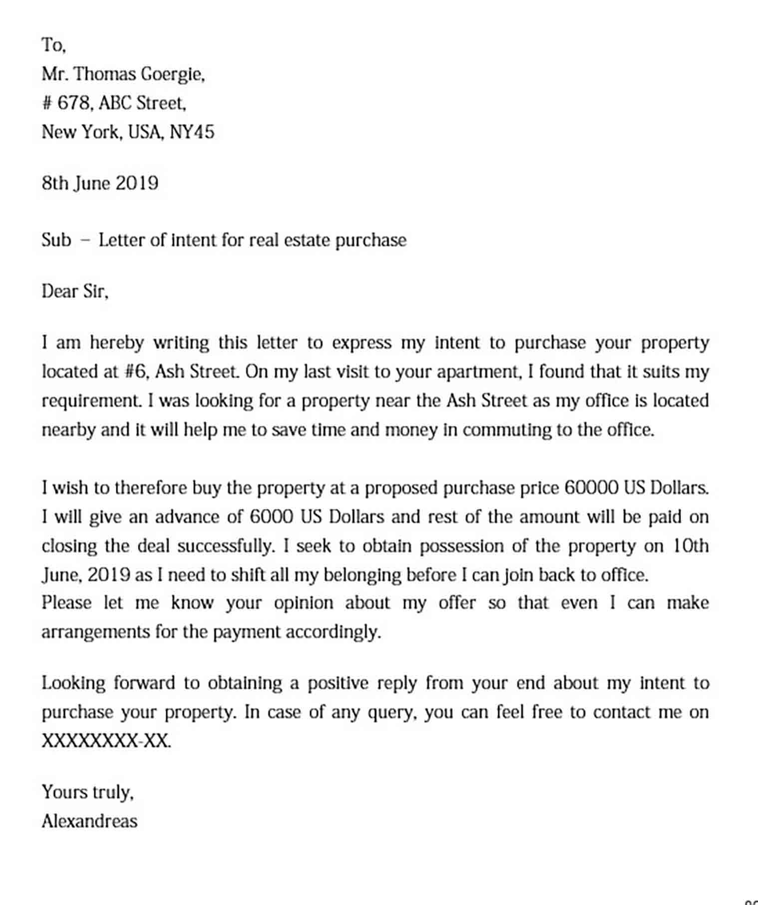 Letter of Intent Real Estate Example