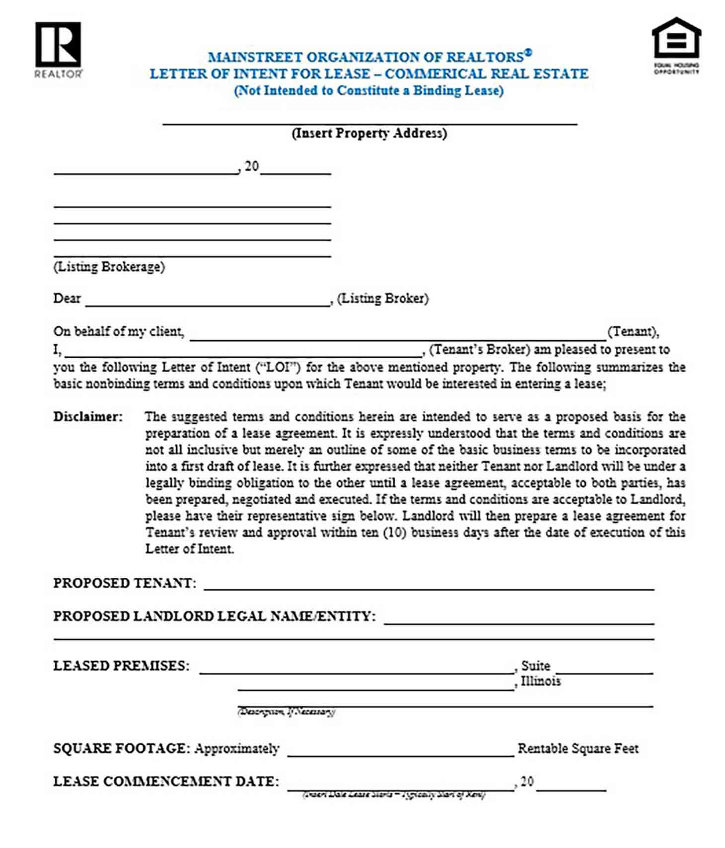 Letter of Intent Real Estate Lease Commercial
