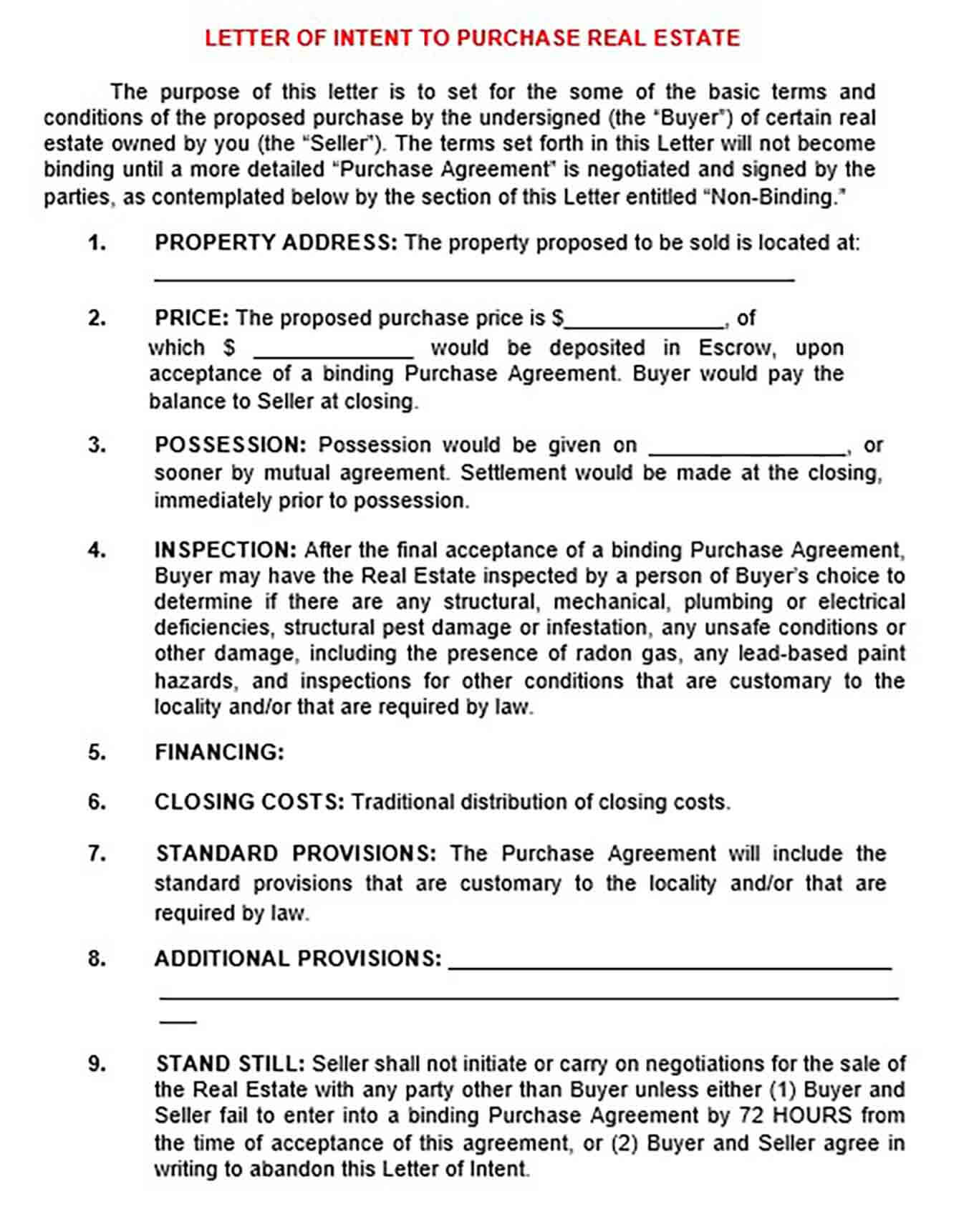 Letter of Intent Real Estate Purchase