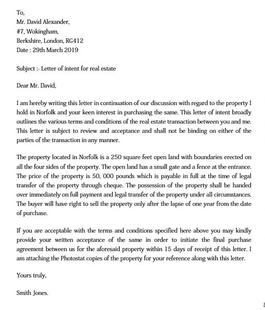 Letter of Intent Real Estate Sample | Mous Syusa