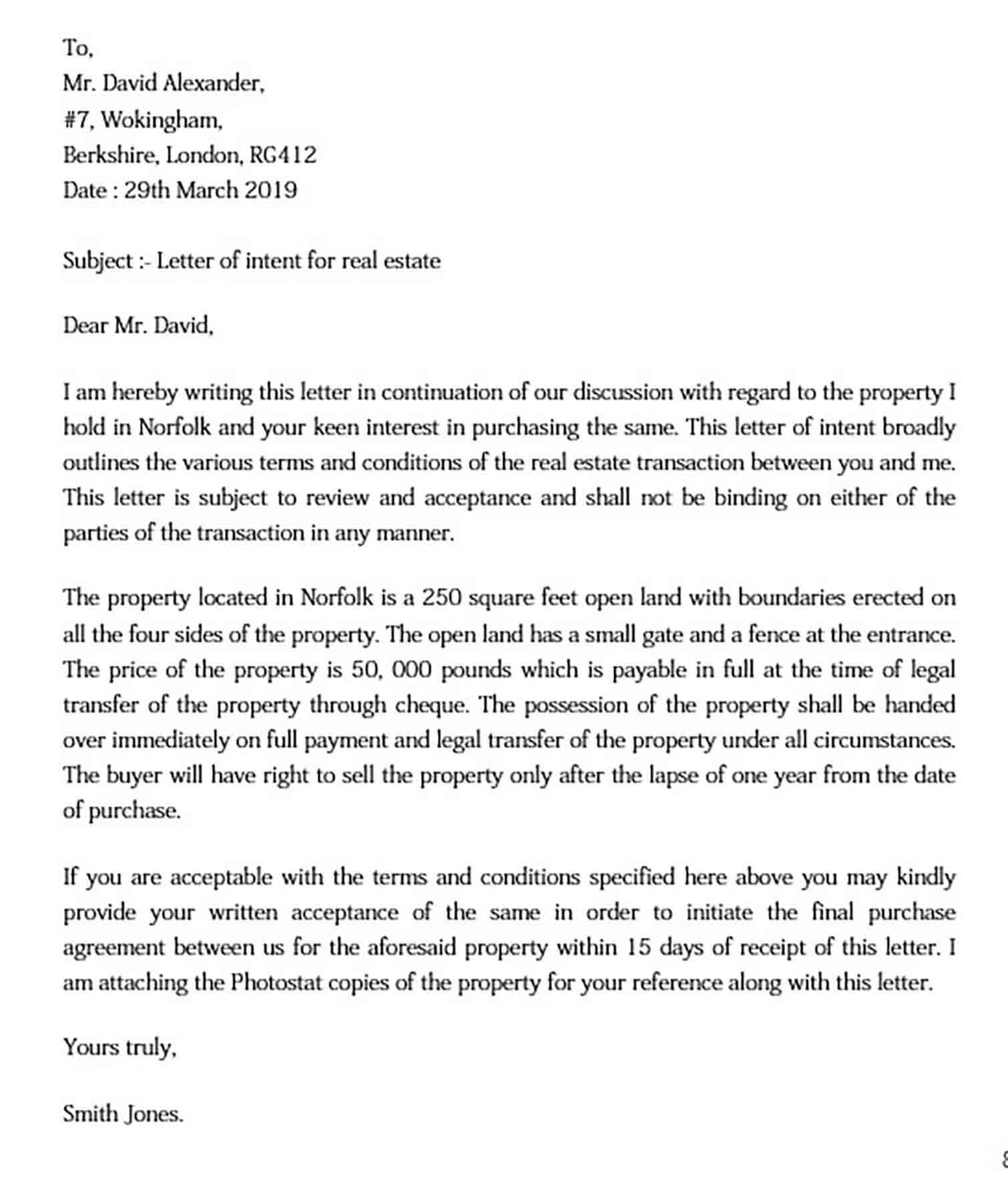 Letter of Intent Real Estate Sample