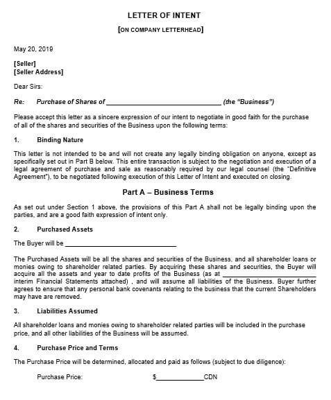 Letter of Intent to Purchase Business