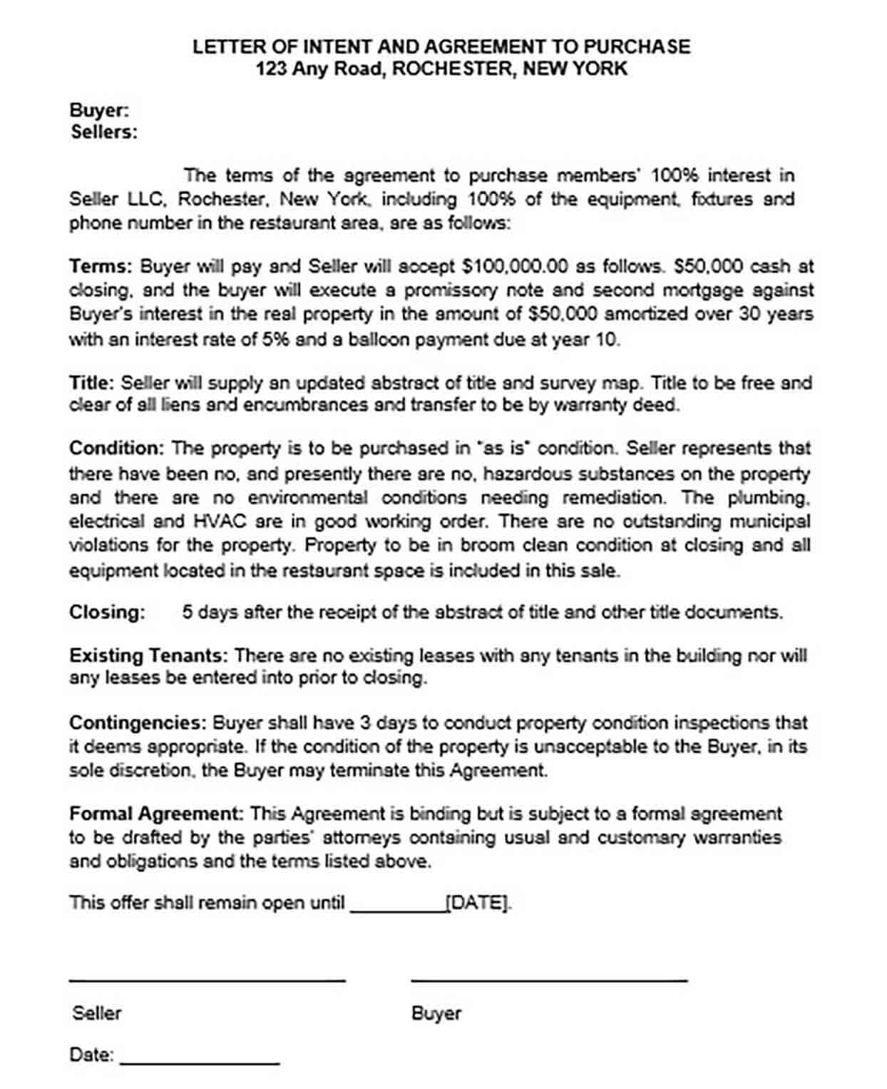 Letter of Intent to Purchase Equipment