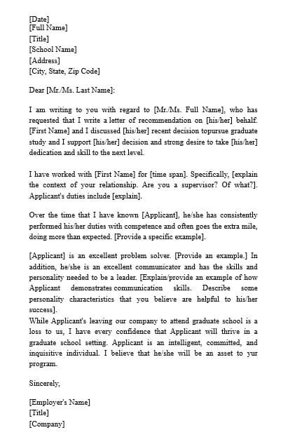 Letter of Recommendation for Graduate School from Employer in Word