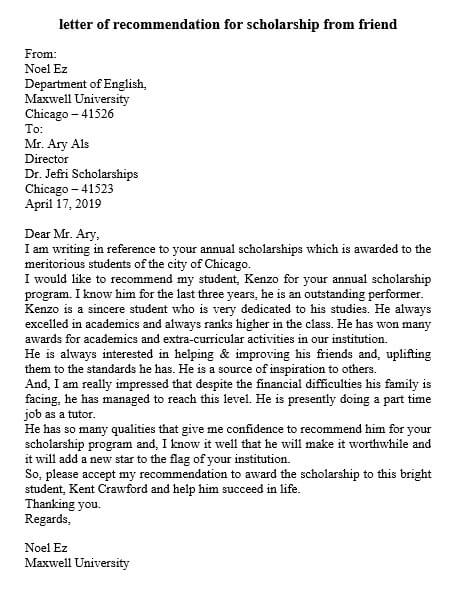 Letter of Recommendation for Scholarship from Family Friend