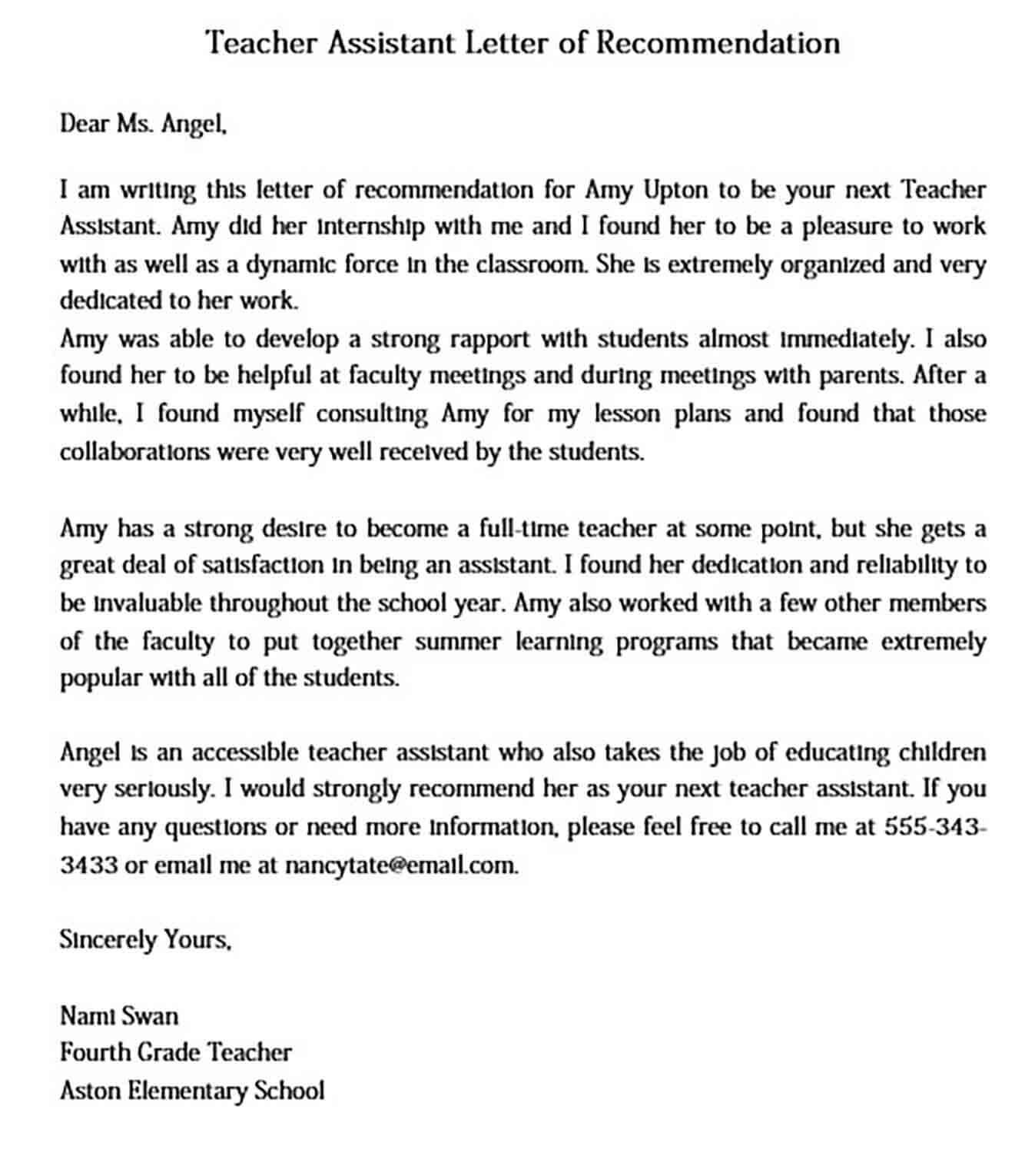 Letter of Recommendation for a Assistant Teacher