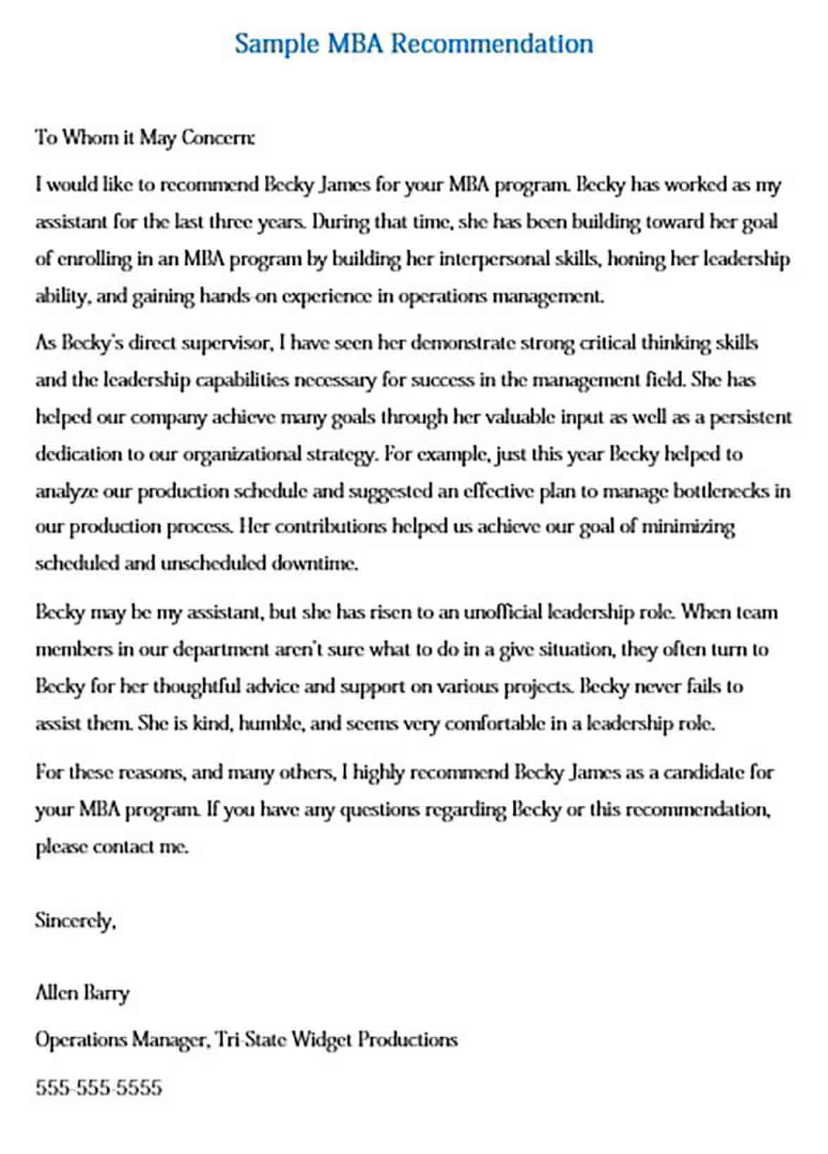 MBA Recommendation letter Example