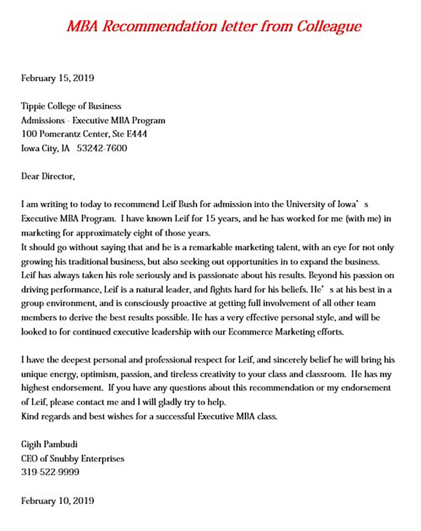 Sample Recommendation Letter For Mba Program 