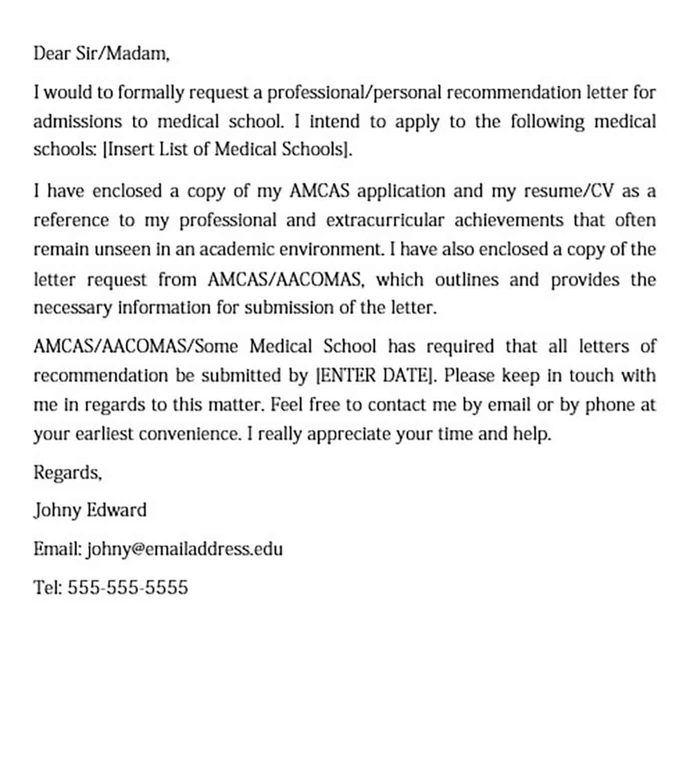 Medical School Recommendation Request Letter