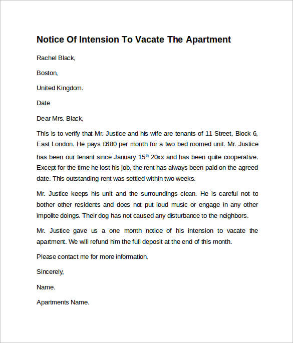 Notice Letter Of Intension To Vacate Apartment