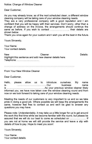 Notice of Change of Window Cleaner Letter