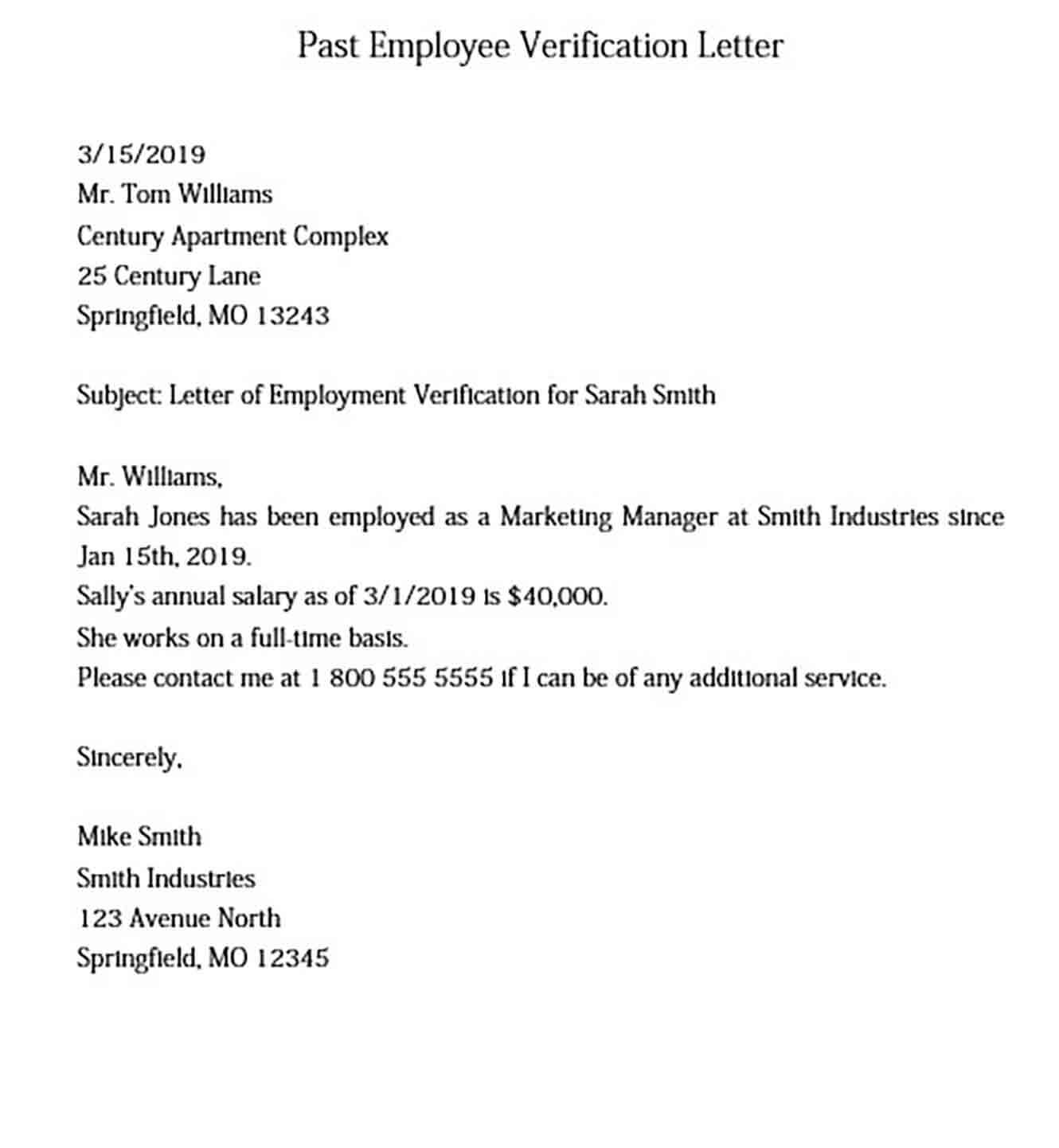 Past Employee Verification Letter Sample