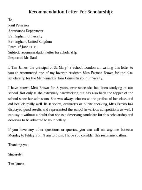 Personal Recommendation Letter For Scholarship